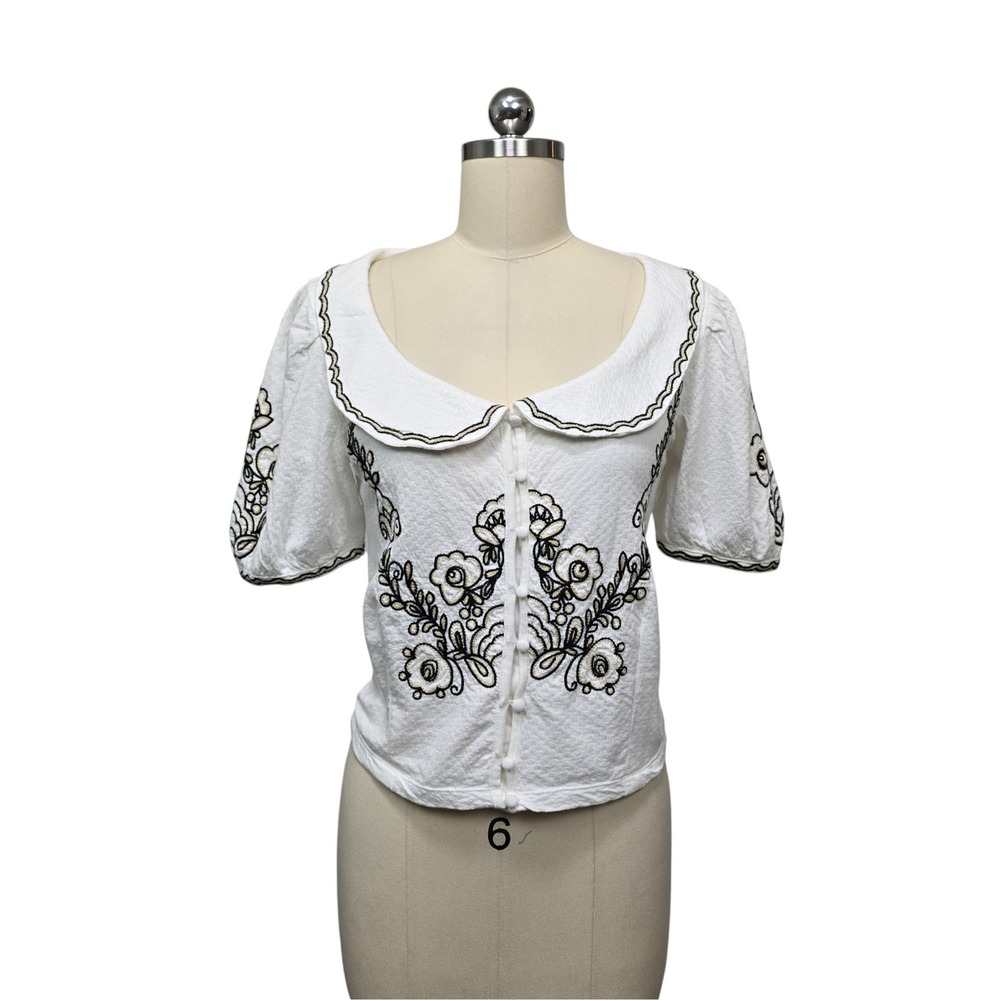 Anthropologie Embroidered Puff Sleeve Cropped Top White Square Neck Womens Small